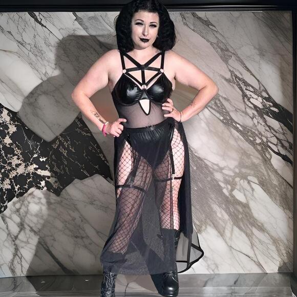 New Large Strappy Goth Vegan Leather Dress Outfit Bodysuit Mesh Skirt Set Sexy - Picture 1 of 9